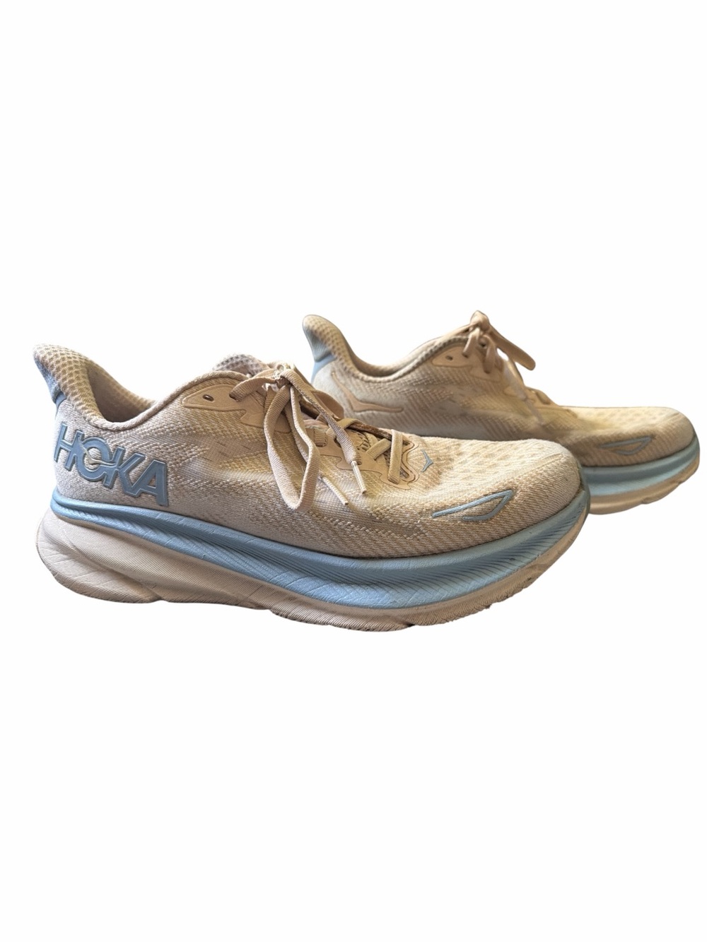 Hoka Clifton 9 Running Shoes Women Size 9 Beige Light Blue Performance Active
